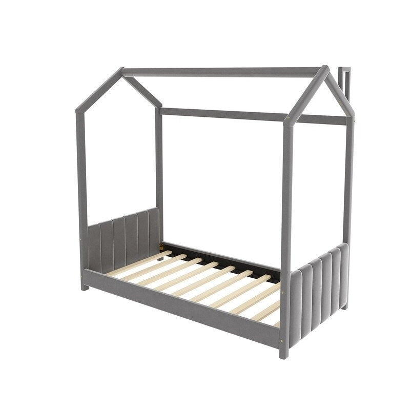 Lit cabane en velours pour lit jumeau, lit au sol en bois
