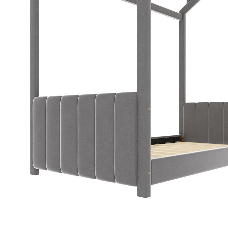 Lit cabane en velours pour lit jumeau, lit au sol en bois