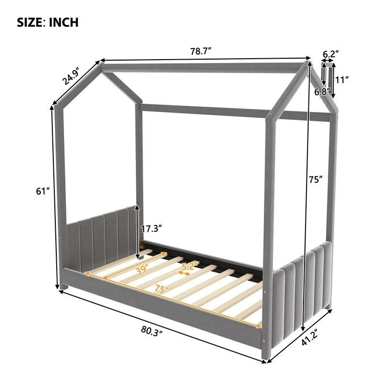 Lit cabane en velours pour lit jumeau, lit au sol en bois