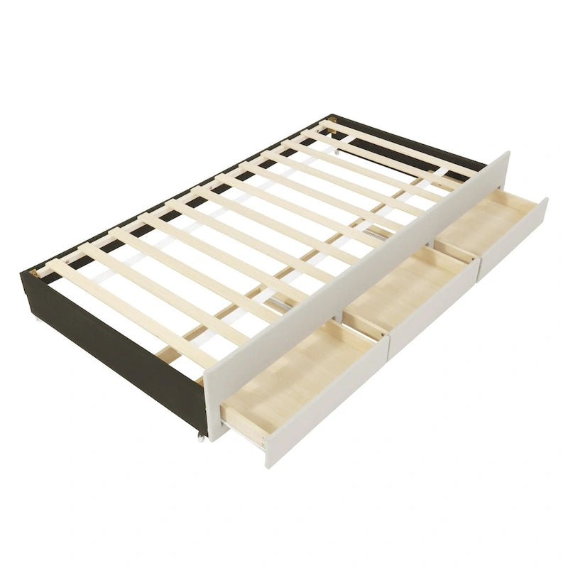 Lit plateforme tapissé de tissu de lin avec tête et pied de lit rayés, lit gigogne coulissant et 3 tiroirs, lit à panneaux en bois