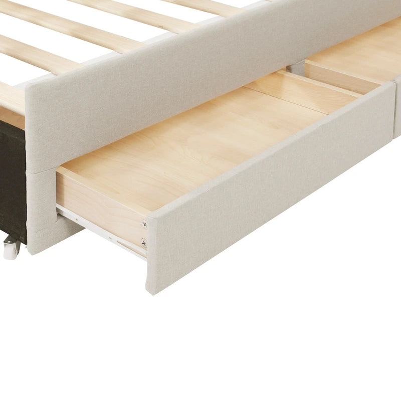 Lit plateforme tapissé de tissu de lin avec tête et pied de lit rayés, lit gigogne coulissant et 3 tiroirs, lit à panneaux en bois