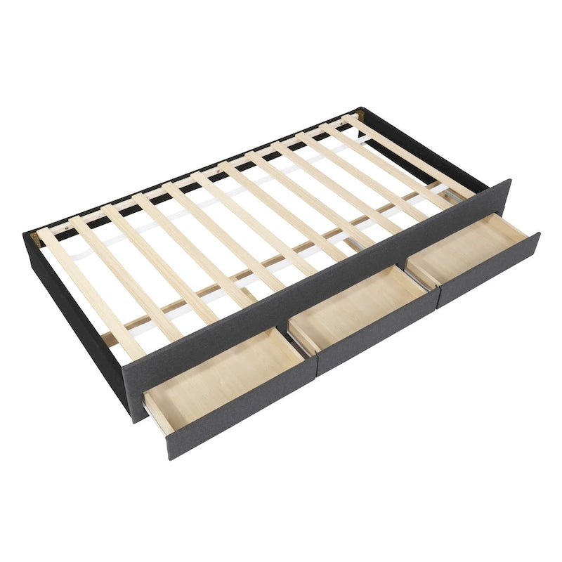 Lit plateforme tapissé de tissu de lin avec tête et pied de lit rayés, lit gigogne coulissant et 3 tiroirs, lit à panneaux en bois