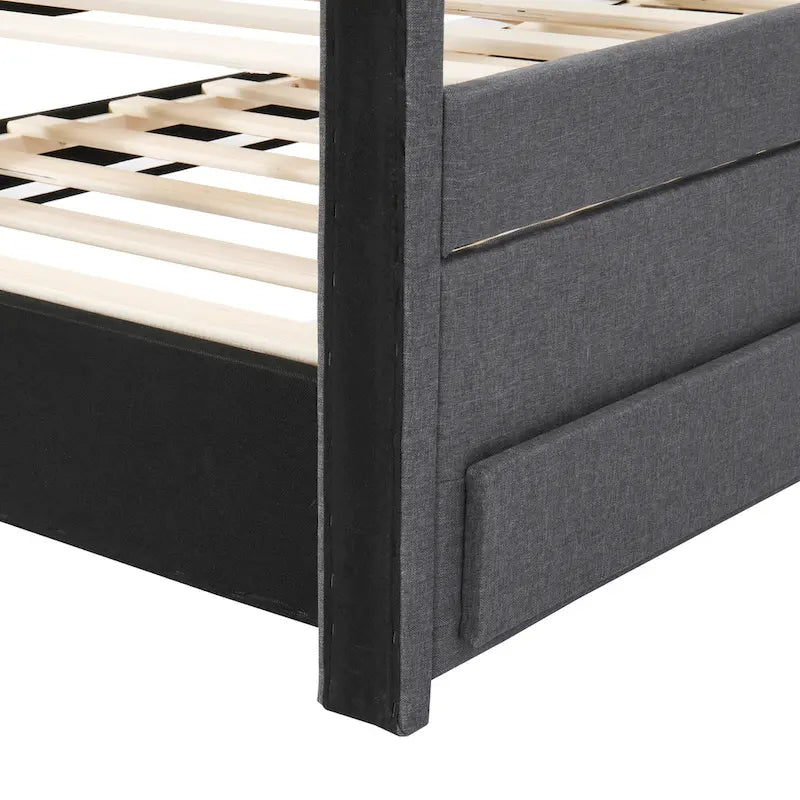 Lit plateforme tapissé de tissu de lin avec tête et pied de lit rayés, lit gigogne coulissant et 3 tiroirs, lit à panneaux en bois