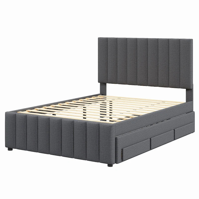 Lit plateforme tapissé de tissu de lin avec tête et pied de lit rayés, lit gigogne coulissant et 3 tiroirs, lit à panneaux en bois