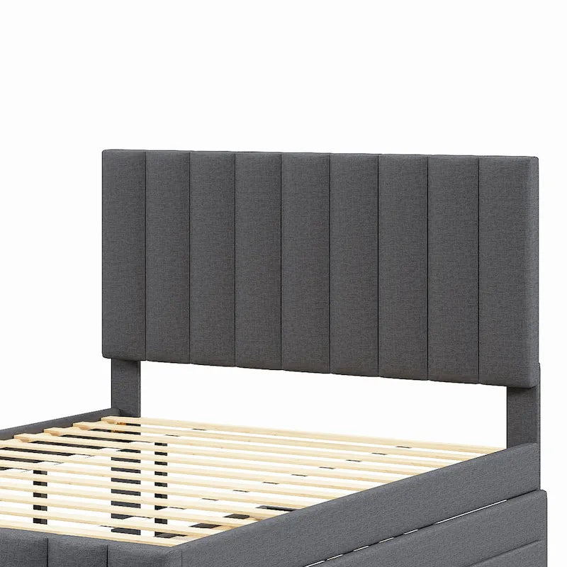 Lit plateforme tapissé de tissu de lin avec tête et pied de lit rayés, lit gigogne coulissant et 3 tiroirs, lit à panneaux en bois
