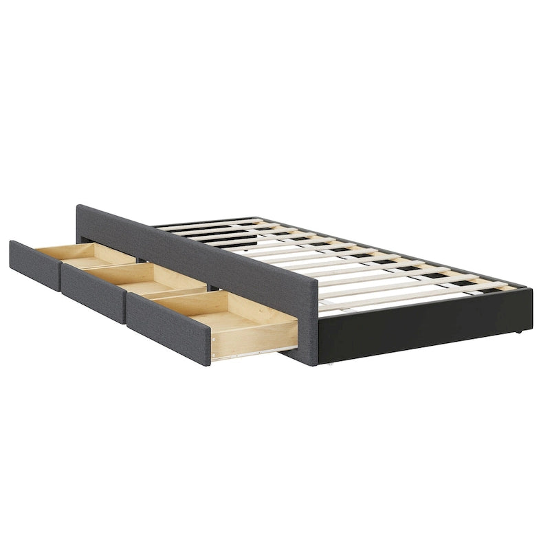 Lit plateforme tapissé de tissu de lin avec tête et pied de lit rayés, lit gigogne coulissant et 3 tiroirs, lit à panneaux en bois