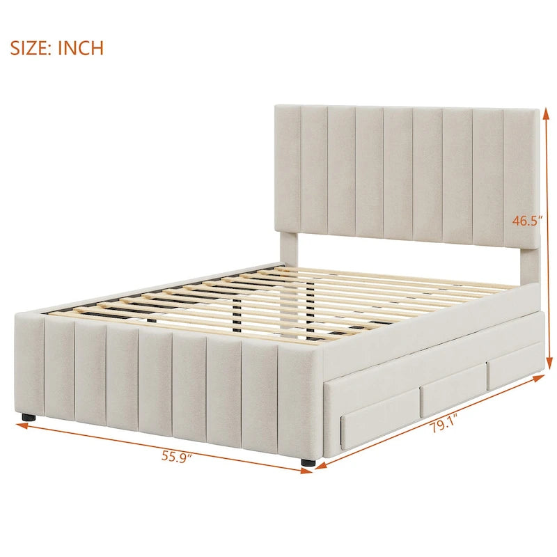 Lit plateforme tapissé de tissu de lin avec tête et pied de lit rayés, lit gigogne coulissant et 3 tiroirs, lit à panneaux en bois