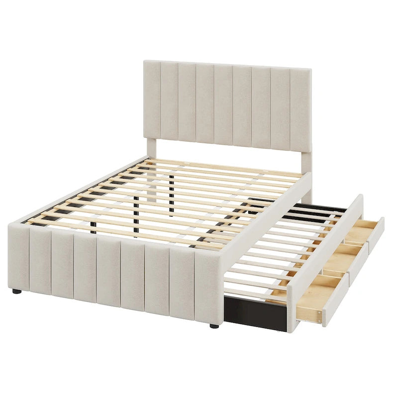 Lit plateforme tapissé de tissu de lin avec tête et pied de lit rayés, lit gigogne coulissant et 3 tiroirs, lit à panneaux en bois
