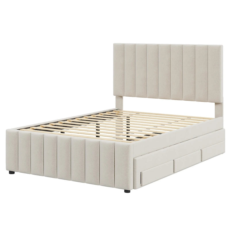 Lit plateforme tapissé de tissu de lin avec tête et pied de lit rayés, lit gigogne coulissant et 3 tiroirs, lit à panneaux en bois