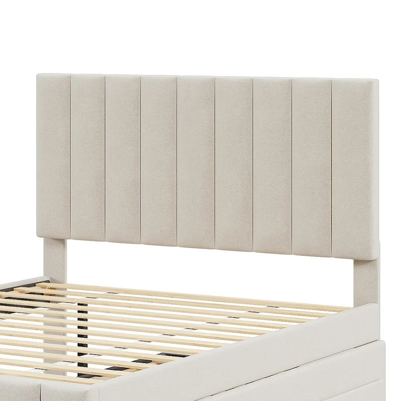 Lit plateforme tapissé de tissu de lin avec tête et pied de lit rayés, lit gigogne coulissant et 3 tiroirs, lit à panneaux en bois