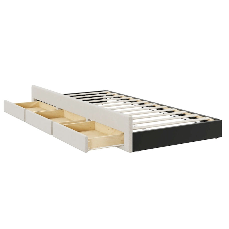 Lit plateforme tapissé de tissu de lin avec tête et pied de lit rayés, lit gigogne coulissant et 3 tiroirs, lit à panneaux en bois