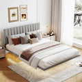 Lit Queen Size en Velours Gris Rembourré avec Lumière Capteur, Design Plateforme Flottante et Tête de Lit