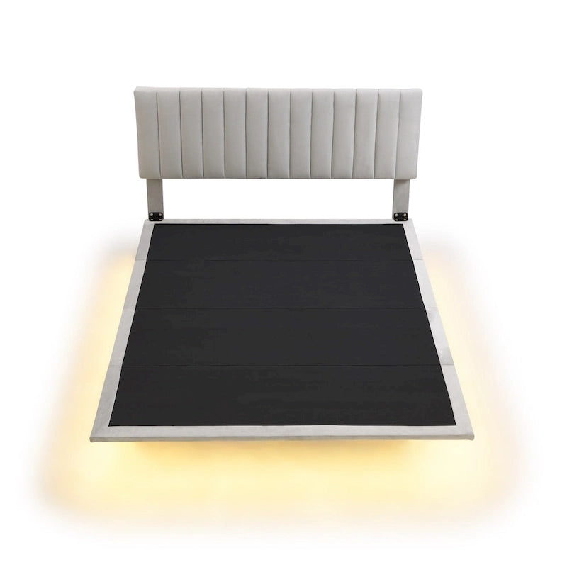 Lit Queen Size en Velours Gris Rembourré avec Lumière Capteur, Design Plateforme Flottante et Tête de Lit