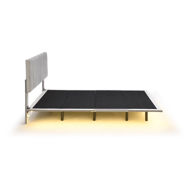 Lit Queen Size en Velours Gris Rembourré avec Lumière Capteur, Design Plateforme Flottante et Tête de Lit