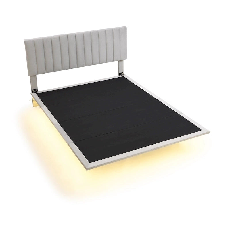 Lit Queen Size en Velours Gris Rembourré avec Lumière Capteur, Design Plateforme Flottante et Tête de Lit