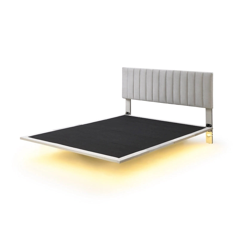 Lit Queen Size en Velours Gris Rembourré avec Lumière Capteur, Design Plateforme Flottante et Tête de Lit