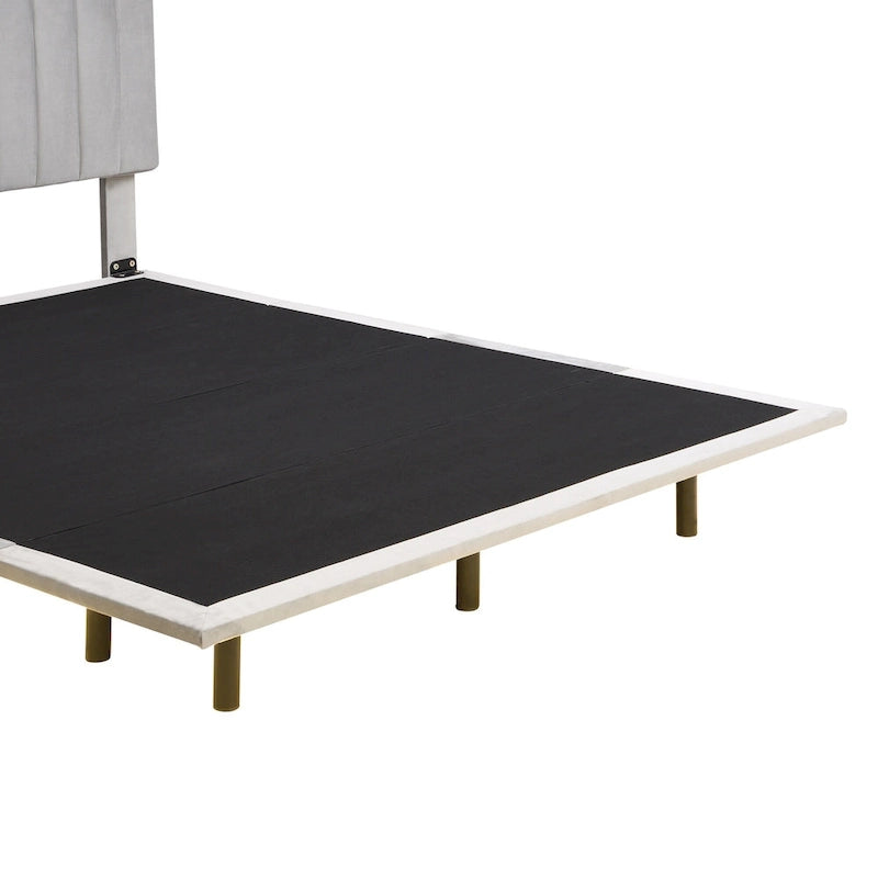 Lit Queen Size en Velours Gris Rembourré avec Lumière Capteur, Design Plateforme Flottante et Tête de Lit