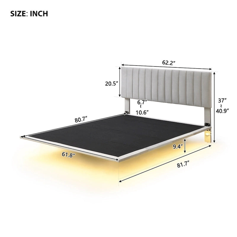 Lit Queen Size en Velours Gris Rembourré avec Lumière Capteur, Design Plateforme Flottante et Tête de Lit