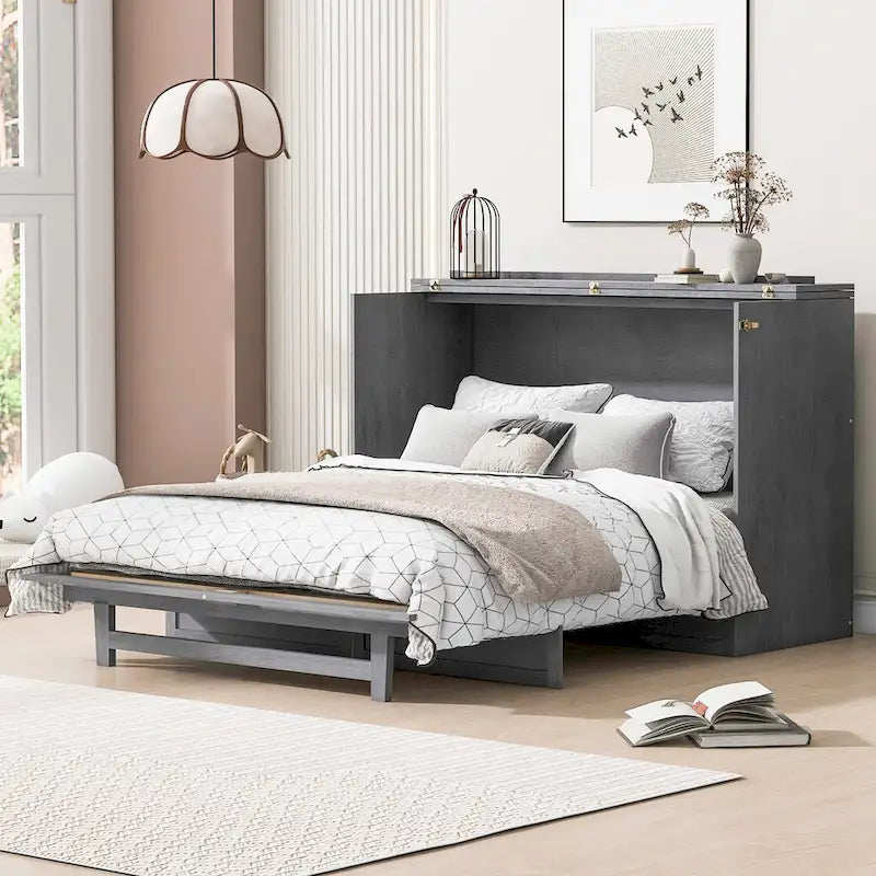 Lit escamotable moderne Queen avec tiroirs de rangement polyvalents et USB