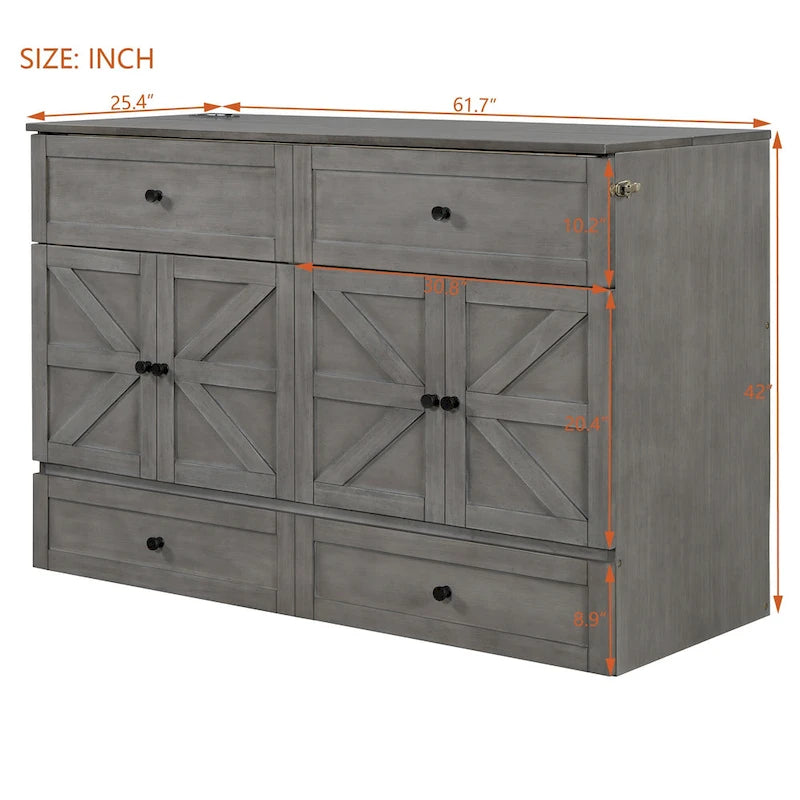 Lit escamotable moderne Queen avec tiroirs de rangement polyvalents et USB