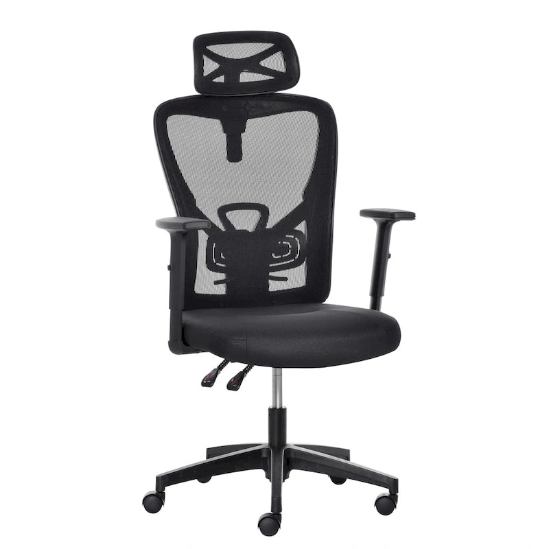 Chaise de bureau ergonomique à dossier haut en maille avec soutien lombaire, appui-tête pivotant et réglable