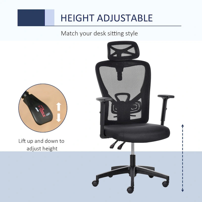 Chaise de bureau ergonomique à dossier haut en maille avec soutien lombaire, appui-tête pivotant et réglable