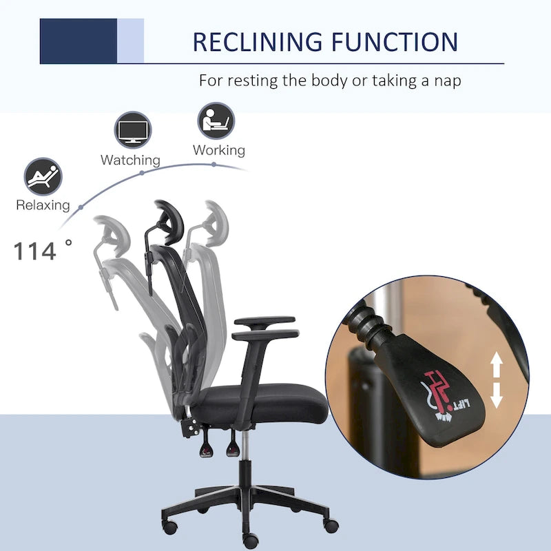 Chaise de bureau ergonomique à dossier haut en maille avec soutien lombaire, appui-tête pivotant et réglable