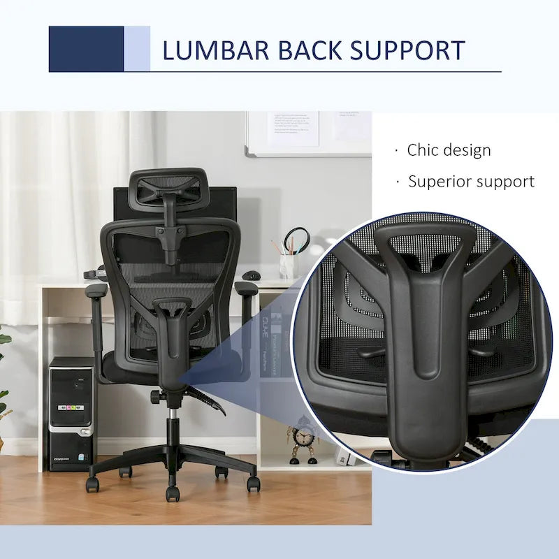 Chaise de bureau ergonomique à dossier haut en maille avec soutien lombaire, appui-tête pivotant et réglable
