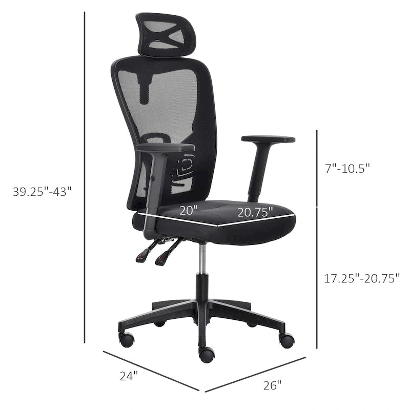 Chaise de bureau ergonomique à dossier haut en maille avec soutien lombaire, appui-tête pivotant et réglable