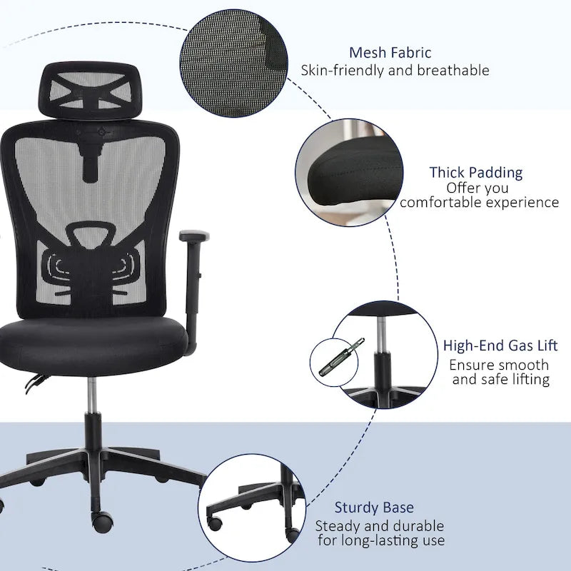 Chaise de bureau ergonomique à dossier haut en maille avec soutien lombaire, appui-tête pivotant et réglable