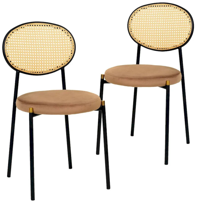 Lot de 2 chaises de salle à manger modernes avec dossier en osier et assise en velours rembourrée pour bureau, salon et cuisine