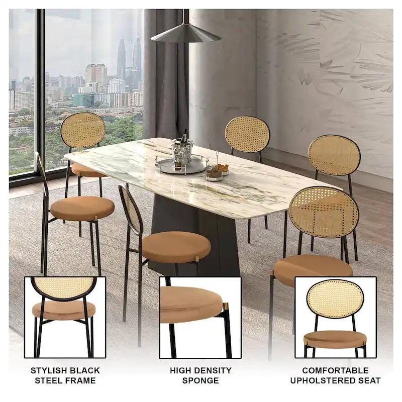 Lot de 2 chaises de salle à manger modernes avec dossier en osier et assise en velours rembourrée pour bureau, salon et cuisine