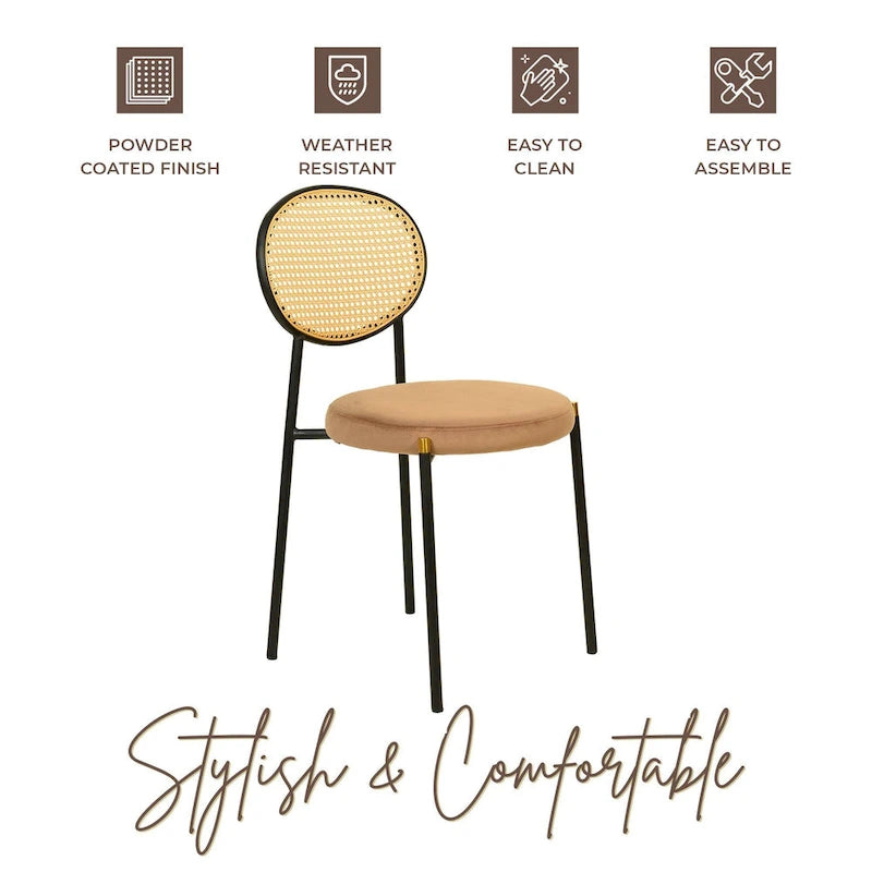 Lot de 2 chaises de salle à manger modernes avec dossier en osier et assise en velours rembourrée pour bureau, salon et cuisine