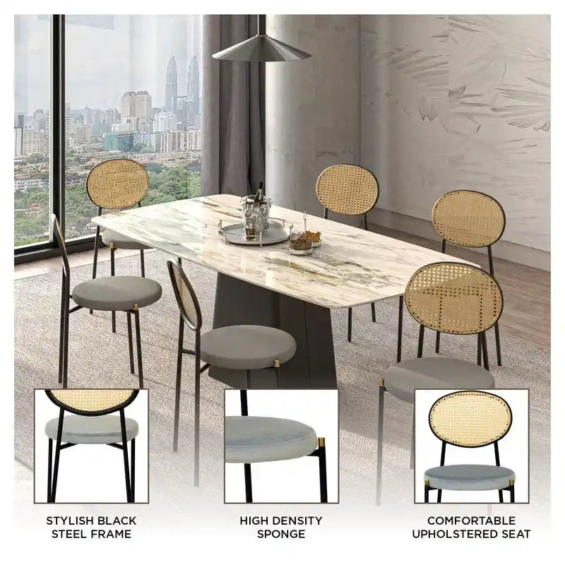 Lot de 2 chaises de salle à manger modernes avec dossier en osier et assise en velours rembourrée pour bureau, salon et cuisine