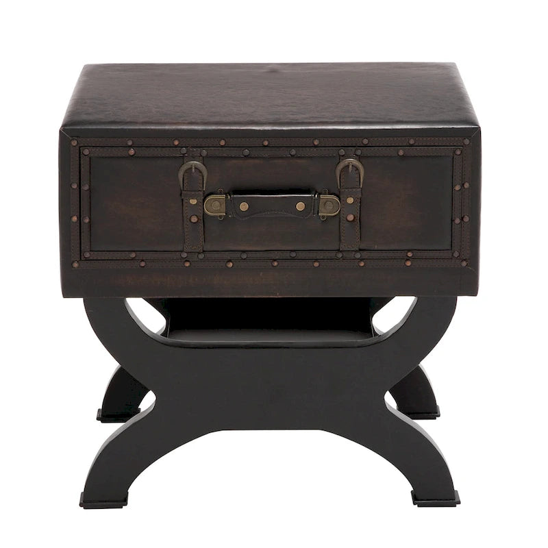 Faux Leather Vintage Style Single Drawer Accent Table with Curved Legs - Brown - Roche River Decor - 16W x 22L x 22H
