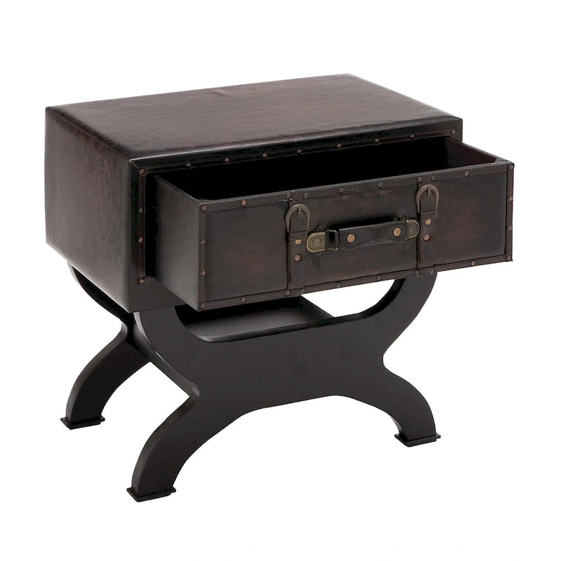 Table d'appoint style vintage en similicuir avec un tiroir et pieds incurvés - Marron - 16 L x 22 P x 22 H