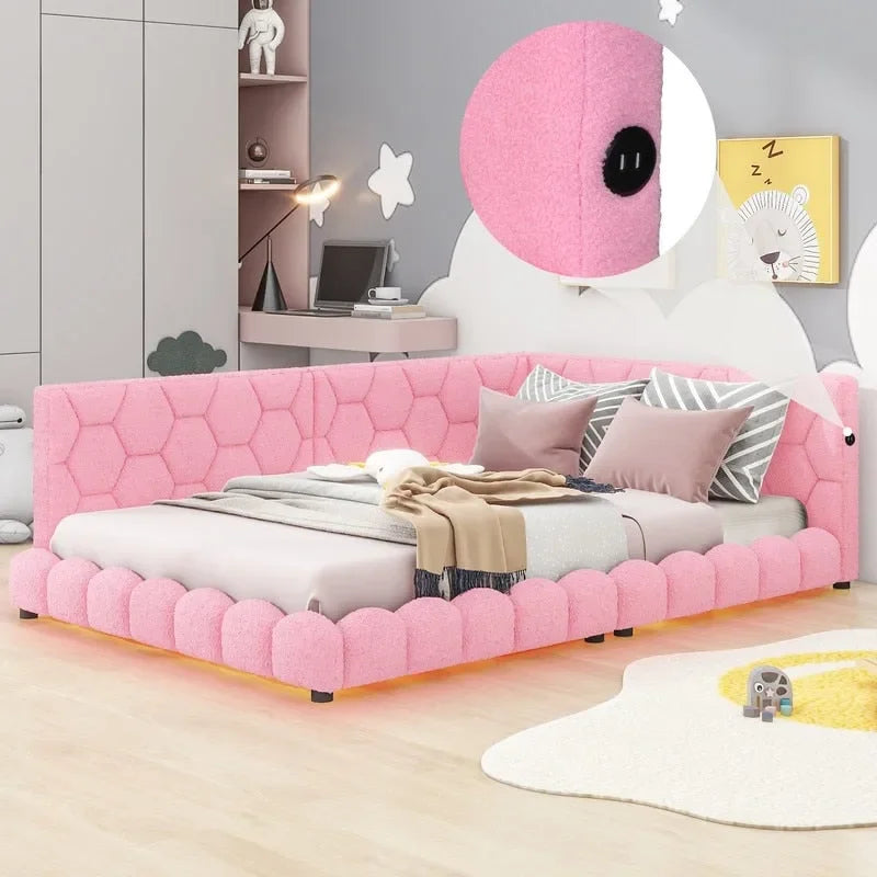 Lit plateforme rembourré Teddy pleine grandeur avec ports USB et bande LED