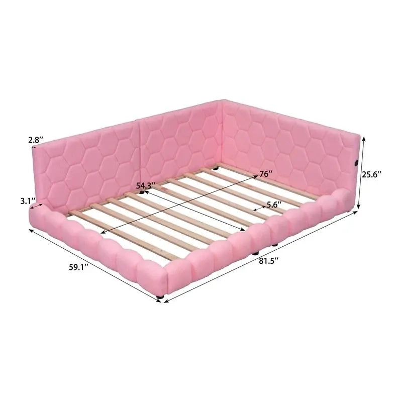 Lit plateforme rembourré Teddy pleine grandeur avec ports USB et bande LED