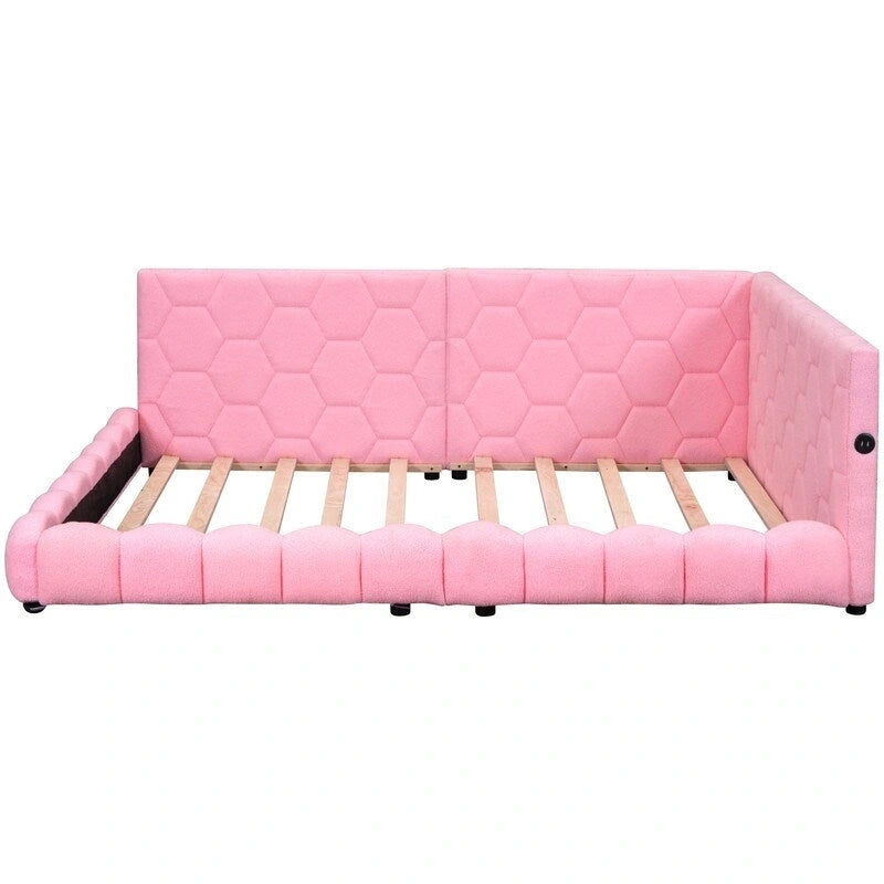 Lit plateforme rembourré Teddy pleine grandeur avec ports USB et bande LED