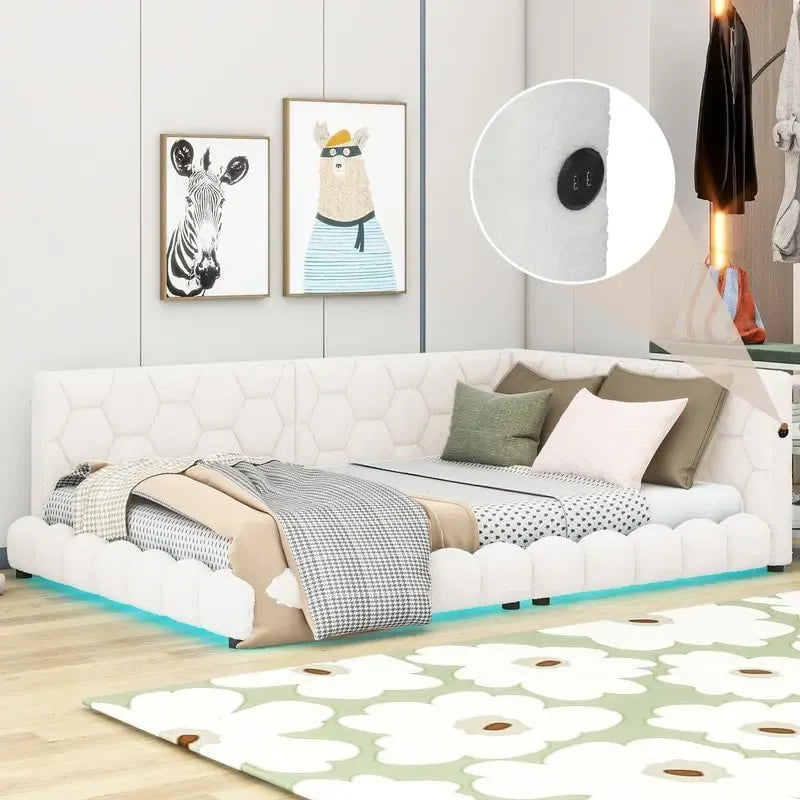 Lit plateforme rembourré Teddy pleine grandeur avec ports USB et bande LED