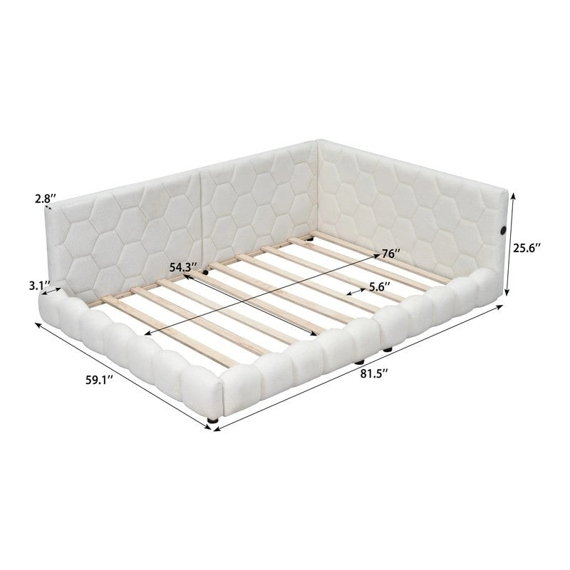 Lit plateforme rembourré Teddy pleine grandeur avec ports USB et bande LED
