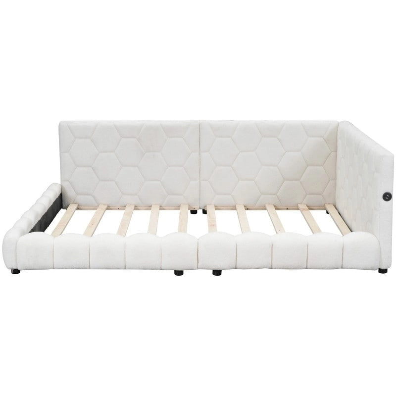 Lit plateforme rembourré Teddy pleine grandeur avec ports USB et bande LED