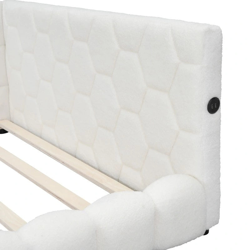 Lit plateforme rembourré Teddy pleine grandeur avec ports USB et bande LED