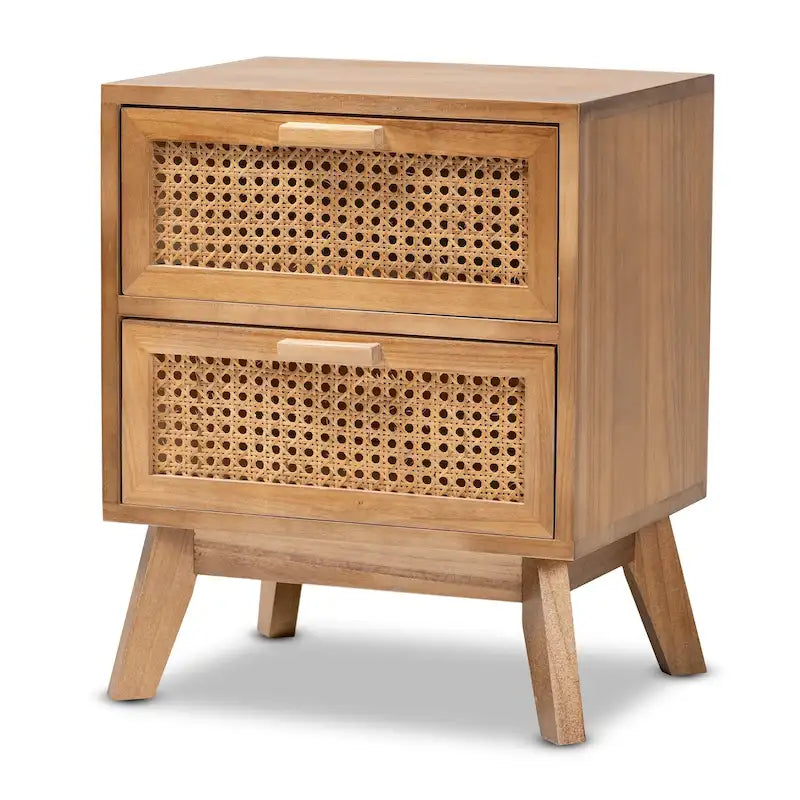 Table de chevet à 2 tiroirs en bois au fini brun noyer, style moderne du milieu du siècle, avec rotin