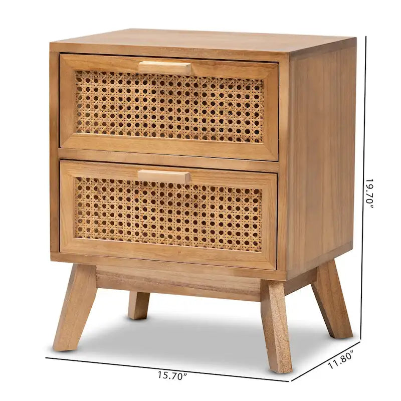 Table de chevet à 2 tiroirs en bois au fini brun noyer, style moderne du milieu du siècle, avec rotin