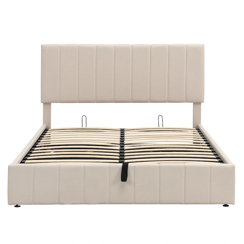 Lit plateforme rembourré Queen avec système de rangement hydraulique - Beige
