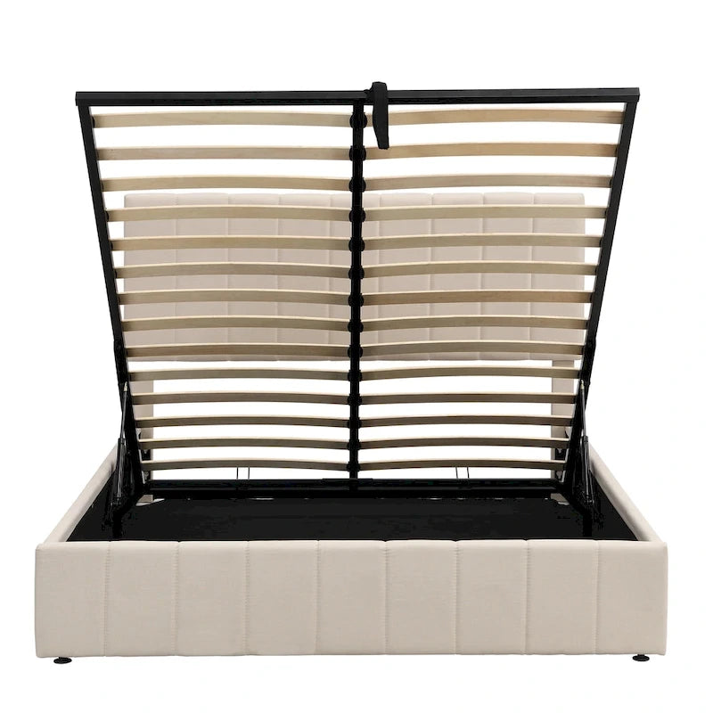 Lit plateforme rembourré Queen avec système de rangement hydraulique - Beige