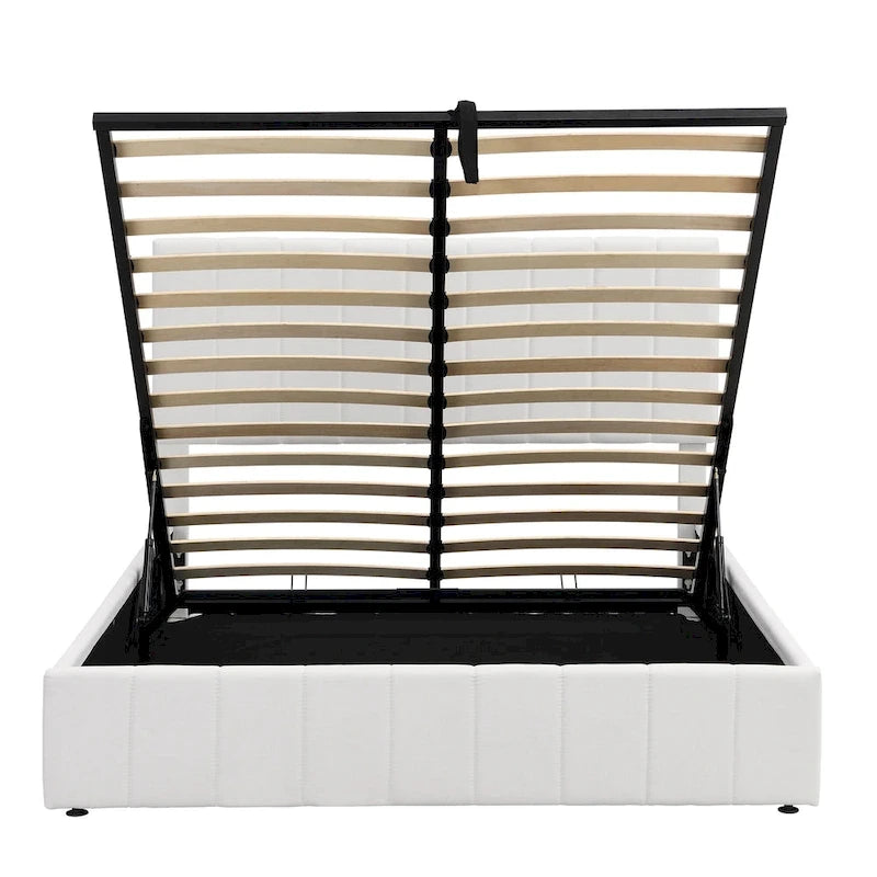 Lit plateforme rembourré Queen avec système de rangement hydraulique - Beige