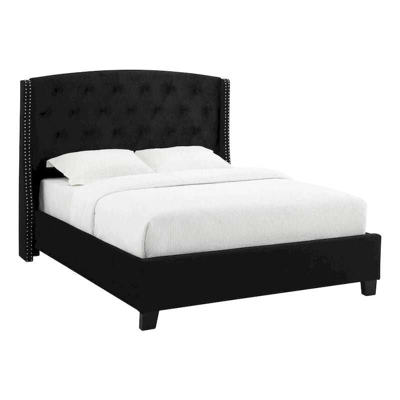 Elle King Size Bed, Low Profile, Button Tufted Upholstered Headboard, Black