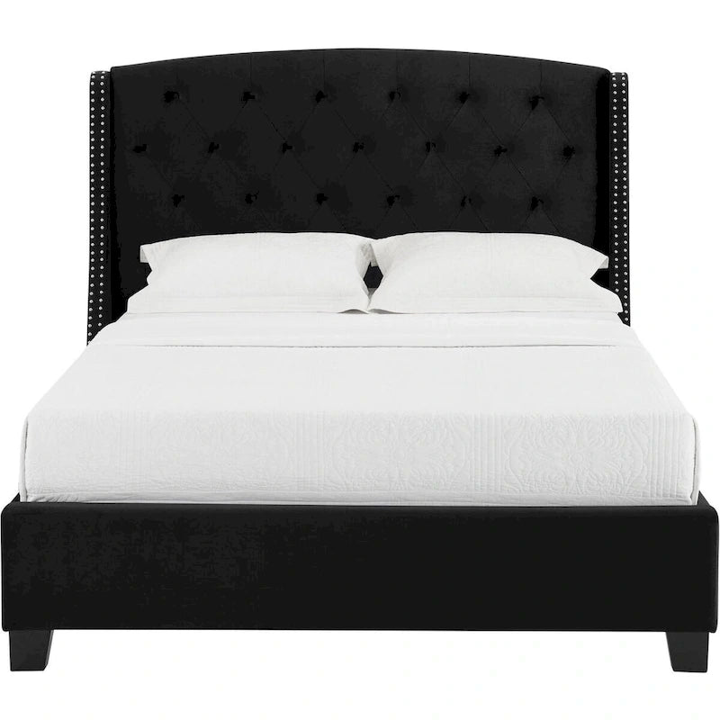 Lit King Size, profil bas, tête de lit rembourrée capitonnée, noir